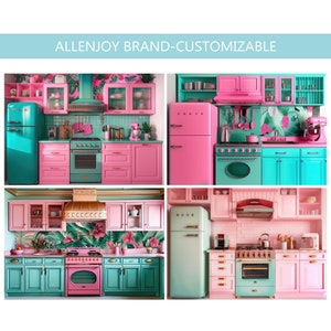 May include: Four different kitchen designs featuring pink and turquoise cabinets, a vintage-style refrigerator, and a range with a gold hood. The kitchens have a tropical theme with a patterned backsplash and a leafy wallpaper.
