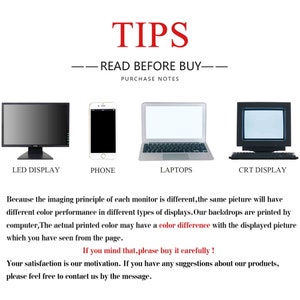 May include: Tips for purchasing digital backdrops. The image shows a black LED monitor, a smartphone, a laptop, and a CRT monitor. The text reads "Tips - Read Before Buy - Purchase Notes".