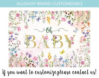 Könnte beinhalten: Ein weißer Hintergrund mit einem goldenen Glitzer-Text "Oh Baby", umgeben von einem floralen Rand aus rosa, lila, blauen und gelben Blumen. Schmetterlinge sind über den Rand verteilt.
