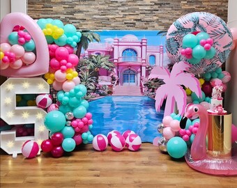 Pink Summer Pool Birthday Backdrop, Pink Villa Princess Photography Backdrop, Pink Pool Birthday Party Banner, Baby Shower Photo Background