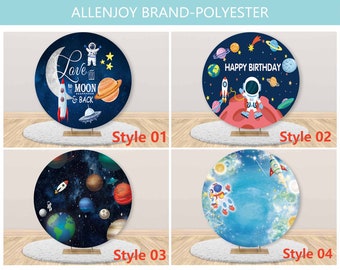 Astronaut Round Backdrop,Boy Space 1st Birthday Circle Photography Backdrop with Elastic Band,Baby Shower Custom Polyester Table Cloth