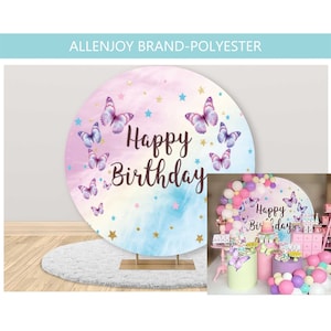 Butterfly Round Backdrop,Girls Birthday Circle Photography Backdrop with Elastic Band,Custom Baby Shower Round Polyester Backdrop