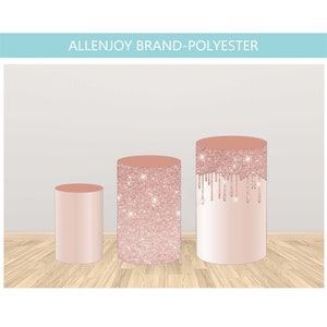 Pink Rose Gold Glitter Cylinder Cover,Birthday Wedding Baby Shower Plinth Cylinder Covers Round Backdrop with Elastic Band Polyester Fabric