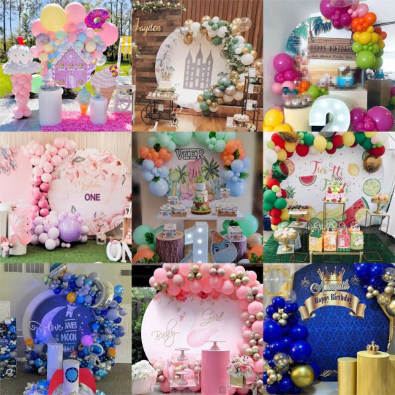 May include: A collage of nine images showcasing different party decorations featuring balloon arches, backdrops, and table centerpieces. The images feature various themes, including a baby shower, a first birthday, a watermelon-themed party, and a birthday party with a blue and gold color scheme.