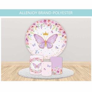 Butterfly Round Backdrop,Pastel Purple Floral Butterfly Birthday Party Custom Circle Backdrop Cover,Baby Shower Butterfly Cylinder Covers