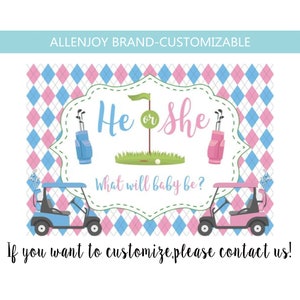 Golf Theme Gender Reveal Backdrop,Baby Shower He or She Pink or Blue Golf Cart Ball Putters Gingham Banner,Custom Golf Gender Reveal Banner