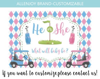 Golf Theme Gender Reveal Backdrop,Baby Shower He or She Pink or Blue Golf Cart Ball Putters Gingham Banner,Custom Golf Gender Reveal Banner