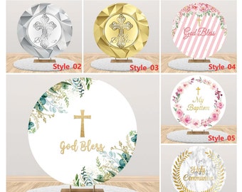 Holy Communion Circle Round Backdrop Cover,Baptism Baby Shower Custom Round Photography Backdrop,Polyester Material Table Cloth Cover