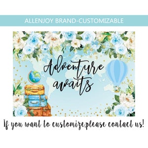 Adventure Awaits Travel Backdrop,Welcome Travel Baby Shower Birthday Party Backdrop, Adventure Awaits Banner,Airplane Photo Booth Backdrop