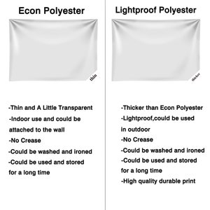 May include: Comparison of two types of polyester fabric for printing. Econ Polyester is thin and slightly transparent, while Lightproof Polyester is thicker and opaque. Both fabrics are wrinkle-resistant and can be washed and ironed.