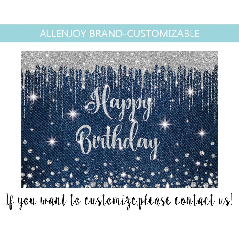 May include: A blue denim background with silver glitter and rhinestones. The text "Happy Birthday" is written in silver glitter.