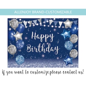 Navy Blue and Silver Glitter Birthday Backdrop,Garland Lights Confetti 40th 50th 60th Any Age Personalized Banner,Blue Happy Birthday Banner
