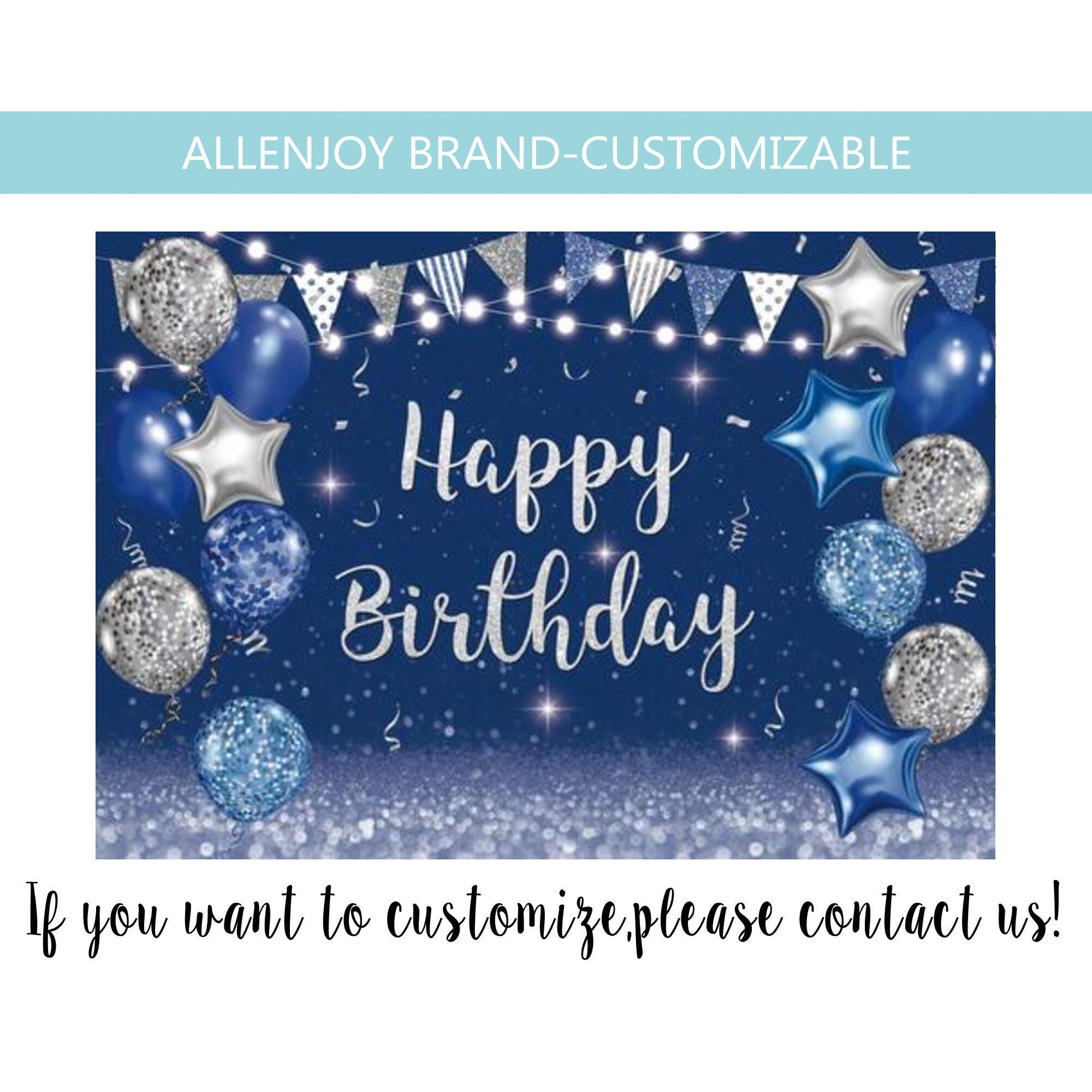 Navy Blue and Silver Glitter Birthday Backdrop,Garland Lights Confetti 40th 50th 60th Any Age Personalized Banner,Blue Happy Birthday Banner