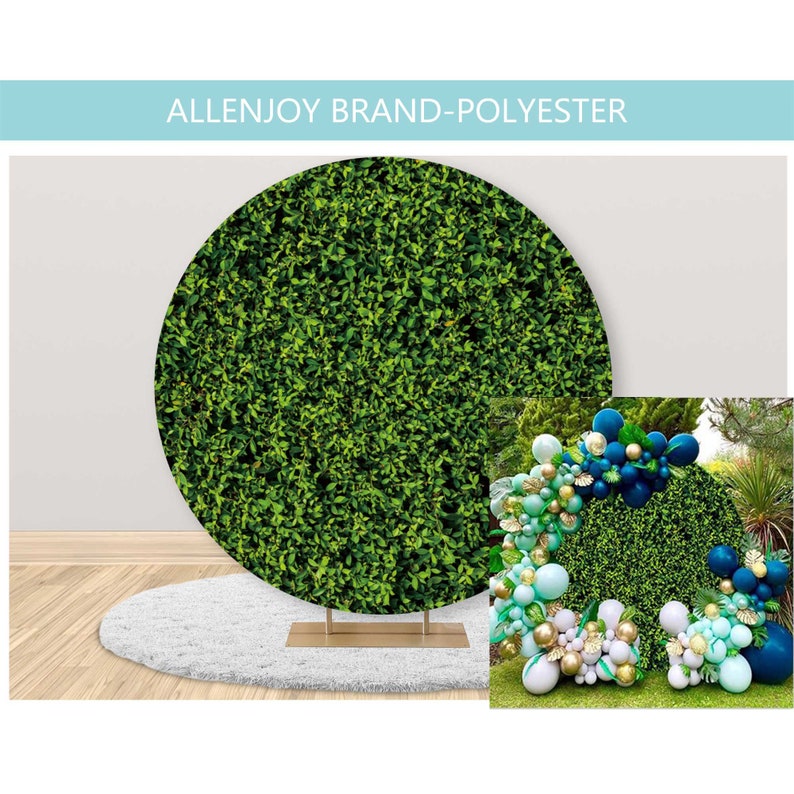 May include: A round green backdrop with a leafy texture, perfect for photo shoots. The backdrop is shown with blue and green balloons in a decorative arch.