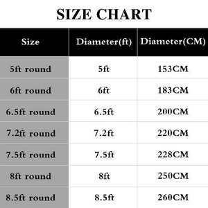 May include: Size chart for round tablecloths, showing diameter in feet and centimeters. Sizes range from 5 feet to 8.5 feet.