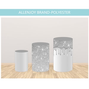 Silver Glitter Cylinder Cover,Birthday Wedding Baby Shower Plinth Cylinder Covers Round Backdrop with Elastic Band Polyester Fabric