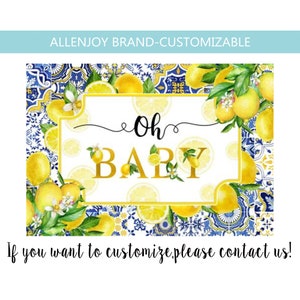 Lemon Baby Shower Backdrop,Oh Baby Birthday Party Mediterranean Lemon Banner,Blue and White Porcelain Lemon Bridal Shower Party Backdrop