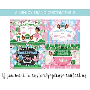 Könnte beinhalten: Zwei Schilder für eine Gender-Reveal-Party mit einem Fußball- und einem Tutu-Motiv. Die Schilder sagen "Touchdowns oder Tutus" und "Touch Downs oder Tutus".