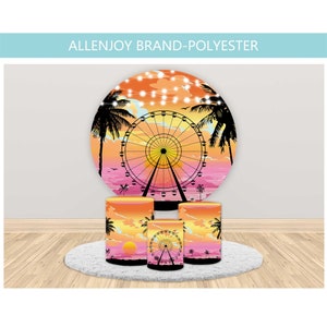 Summer Seaside Ferris Wheel Round Backdrop Cover,Musical Festival Circle Photography Backdrop,Palm Trees Sunset Birthday Wedding Banner