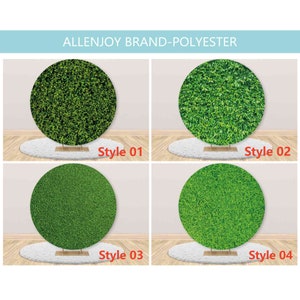 May include: Four round green backdrop panels with different textures of green leaves. The panels are labeled Style 01, Style 02, Style 03, and Style 04. The text "ALLENJOY BRAND-POLYESTER" is at the top of the image.