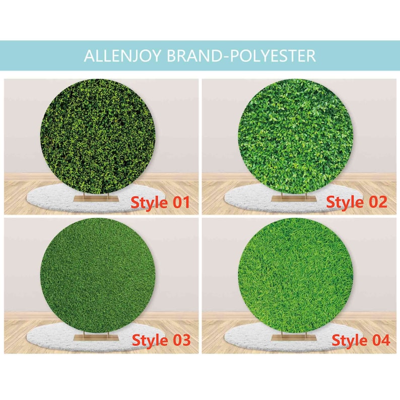 May include: Four round green backdrop panels with different textures of green leaves. The panels are labeled Style 01, Style 02, Style 03, and Style 04. The text "ALLENJOY BRAND-POLYESTER" is at the top of the image.