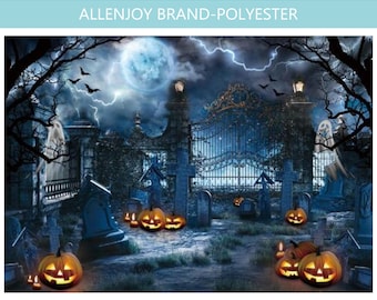 May include: A Halloween-themed backdrop featuring a spooky graveyard scene. The backdrop includes a full moon, lightning, bats, jack-o'-lanterns, and a wrought-iron gate. The text "ALLENJOY BRAND-POLYESTER" is at the top.