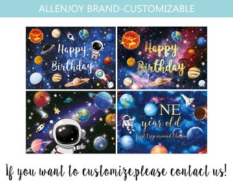 Outer Space Birthday Backdrop,Baby Shower Astronaut Backdrop,Out of This World Party Decorations,Blue Gold Boy Birthday Galaxy Banner