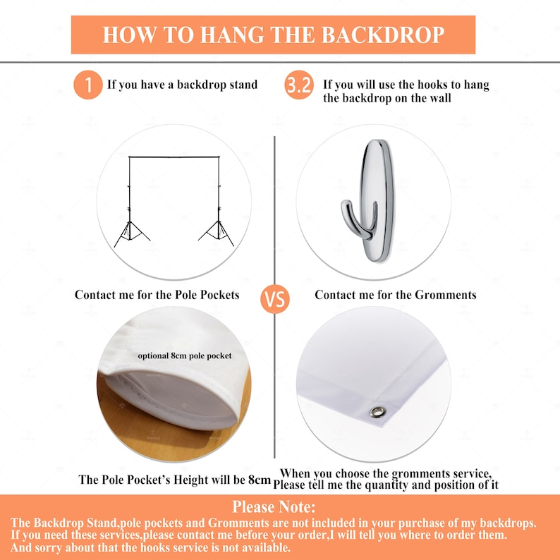 May include: Diagram showing two ways to hang a backdrop: using a backdrop stand with pole pockets or using hooks to hang the backdrop on a wall. The diagram includes text explaining how to contact the seller for additional services.