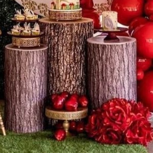 Wood Cylinder Cover,Wood Tree Bark Plinth Cover,Jungle Plinth Cover with Elastic Band,Wedding Bridal Baby Shower Birthday Cake Table
