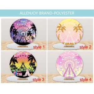 Ferris Wheel Round Backdrop Cover,Summer Seaside Palm Tree Sunset Musical Birthday Circle Elastic Backdrop,Musical Festival Custom Backdrop
