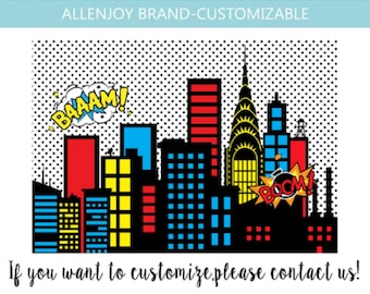 Superhero Backdrop,Superhero Birthday Banner,Superhero Baby Shower Backdrop,Superhero City Skyline Banner,Cartoon Birthday Superhero Banner