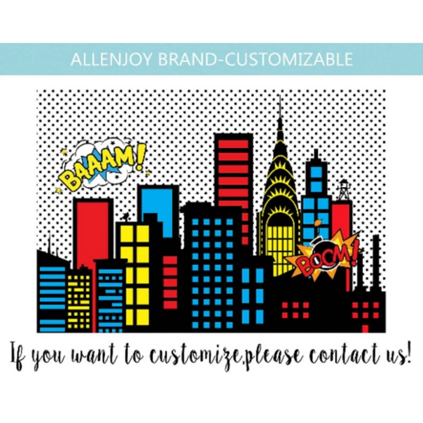 Superhero Backdrop,Superhero Birthday Banner,Superhero Baby Shower Backdrop,Superhero City Skyline Banner,Cartoon Birthday Superhero Banner