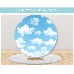 Blue Sky and White Cloud Round Backdrop Cover,Kids Birthday Party Decorations Boy Baby Shower Circle Photography Background Cover Banner