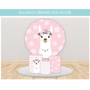 Cartoon Animal Llama Round Backdrop Cover,Baby Shower Birthday Circle Photography Backdrop,Fiesta Llama Birthday Round Backdrop Cover
