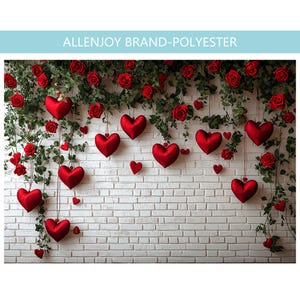 White Brick Wall With Floral And Hearts Photography Backdrop, Valentine White Wall Rose Flower Photoshoots Background,