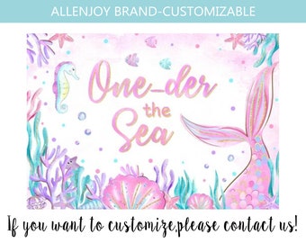 Mermaid Birthday Backdrop, Under The Sea Girl Baby Shower Custom Background Pink Purple Gold Party Banner Decoration, Photography Props