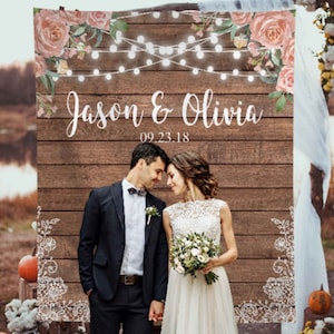 Personalized Wedding Backdrop, Rustic Wood Wedding Backdrop For Reception,Floral Wedding Backdrop,Fairy Light Country Anniversary Backdrop