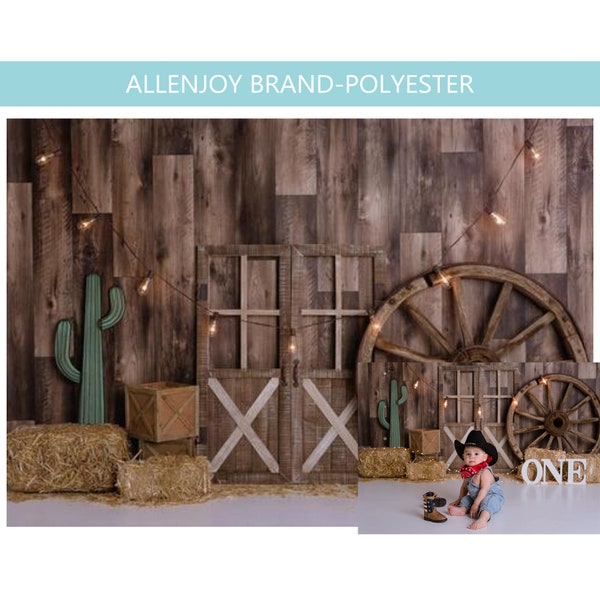 Western Barn Cowboys Photography Backdrops,Baby Shower Newborn Birthday Smash Cake Photo Studio Props,Brown Wood Cactus Gear Door Photozone