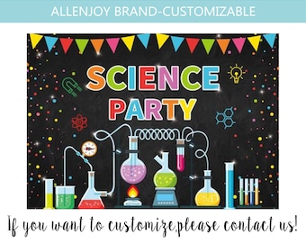 May include: A black chalkboard backdrop with colorful text that reads "Science Party". The backdrop features a colorful illustration of beakers, flasks, and other science equipment.