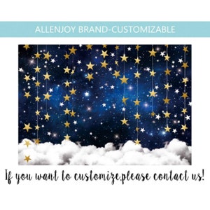 Golden Stars Cloud Dark Blue Sky Background,Twinkle Little Star Backdrop,Child Birthday Custom Party Backdrop,Baby Shower Birthday Backdrop