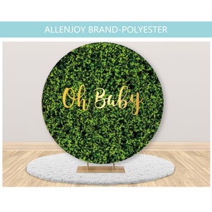 Oh Baby Grass Wall Round Backdrop Cover,Baby Shower Newborn Birthday Party Custom Green Leaves Circle Round Backdrop with Elastic Band