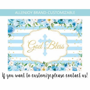 Boy Baptism Backdrop,Baby Boy Christening Banner Decor,Holy Communion Backdrop,Blue Flowers God Bless Fabric Backdrop,Baby Shower Backdrop