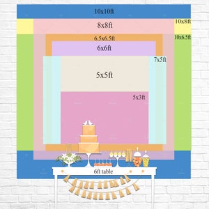 May include: A backdrop with different sized backdrops in various pastel colours, including light blue, pink, yellow, and green. The backdrops are arranged in a nested pattern, with the largest backdrop being 10x10 feet and the smallest being 5x3 feet. A 6-foot table with a cake and decorations is in front of the backdrops.