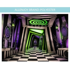 May include: A polyester backdrop featuring a hallway with black and white striped walls, a checkered floor, and green spiral patterns. The scene includes ornate mirrors, wall sconces, and a central doorway. Text at the top reads ALLENJOY BRAND-POLYESTER.