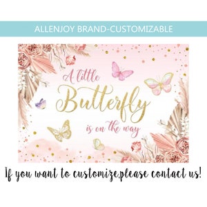 Boho Butterfly Backdrop,A Little Butterfly is on the Way Girl Birthday Baby Shower Party Backdrop,Bohemian Pink Butterfly Flowers Banner