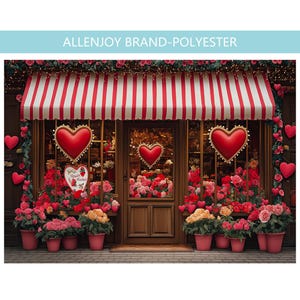 Valentine&#39;s Day Flower Shop Photography Backdrop, Romantic Red Hearts and Roses Decoration for Photoshoots and Events