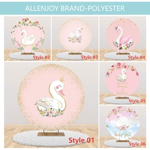 Round Swan Party Photography Backdrop,Pink Flowers Girls Birthday Baby Shower Circle Backdrop Cover,Custom backdrop,Polyester Material