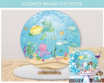 Under the Sea Round Backdrop Cover,Baby Shower Custom Underwater Circle Photography Backdrop,Ocean Mermaid Girl Polyester Table Cloth