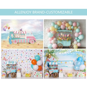 Ice Cream Cake Smash Backdrop, Ice Cream Truck Baby Shower Backdrop, Ice Cream Balloons Shop Photography Background, Summer Photo Banner