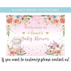 Tea Party Backdrop,Par-Tea Birthday Girl Backdrop,Baby Shower Backdrop, Floral Pink and Gold, First Birthday Banner,Personalized Backdrop